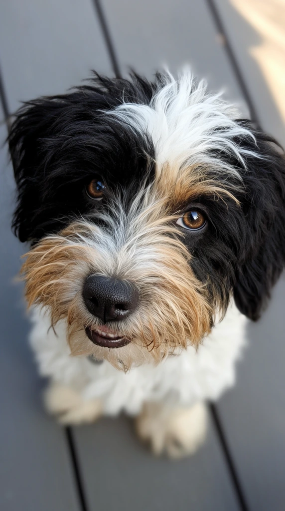 A small, fluffy dog with a shaggy, tri-colored coat looks directly upward in a high-angle, close-up portrait. The dog features jet-black fur on its ears and left side, a stark white patch down the center of its head, and wiry tan hair framing a heavily textured black nose. Bright, dark brown eyes reflect natural daylight. The slightly open mouth reveals a tiny glimpse of the lower lip. Sharp photographic focus highlights the expressive face, while the dog's lower white body and paws blur into a shallow depth of field. The background consists of smooth gray wooden floorboards with dark parallel gaps, illuminated by soft sunlight casting a gentle shadow across the upper right edge.