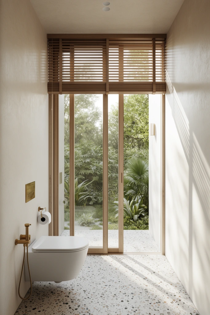 Minimalist bathroom, wall-mounted white toilet, brass fixtures, terrazzo floor, sliding glass doors framing a green garden, wooden blinds, soft natural sunlight, cast shadows