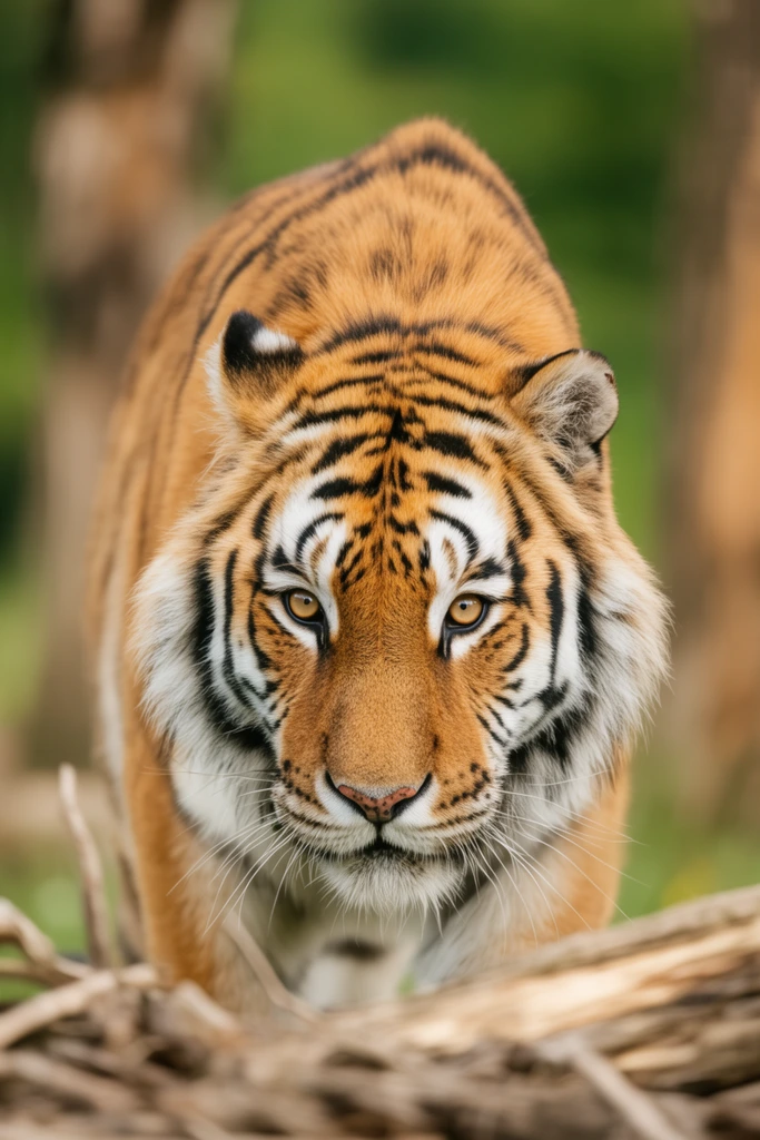 close-up portrait of a large tiger prowling forward, head lowered with an intense amber-eyed stare, thick orange fur with dark black stripes, white facial fur framing the jaw, wildlife photography, shallow depth of field, sharp focus on face, creamy bokeh background of green foliage and brown tree trunks, out-of-focus dry wood in foreground, soft natural daylight