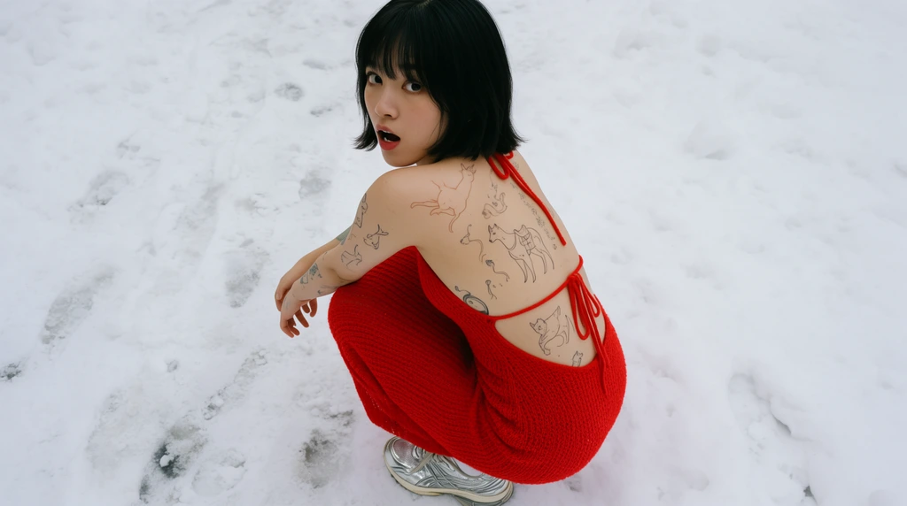 young woman crouching in snow looking back over her shoulder with a surprised expression, short black hair with bangs, vibrant red knit backless dress with thin halter ties, metallic silver sneakers, exposed back and arm covered in delicate line-art tattoos of animals and abstract shapes, stark white snow-covered ground with footprints, striking color contrast between the crimson fabric and white snow, soft overcast daylight, high-angle perspective, candid portrait photography