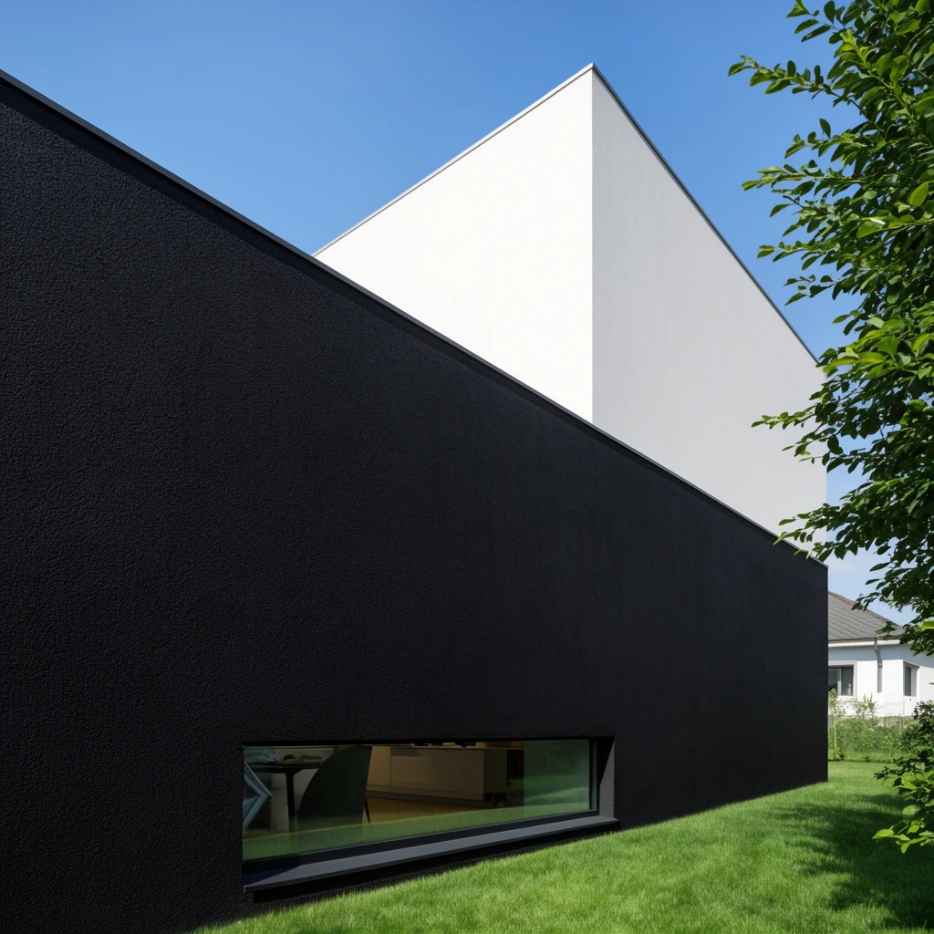 A minimalist geometric building features a heavily textured matte black facade intersecting a smooth white cubic upper volume. The structure rests on a vibrant green lawn beneath a clear blue sky. A narrow horizontal ground-level window reveals a room interior. Crisp daylight highlights the sharp architectural lines, as leafy green tree branches overlap the right edge near a distant white house.