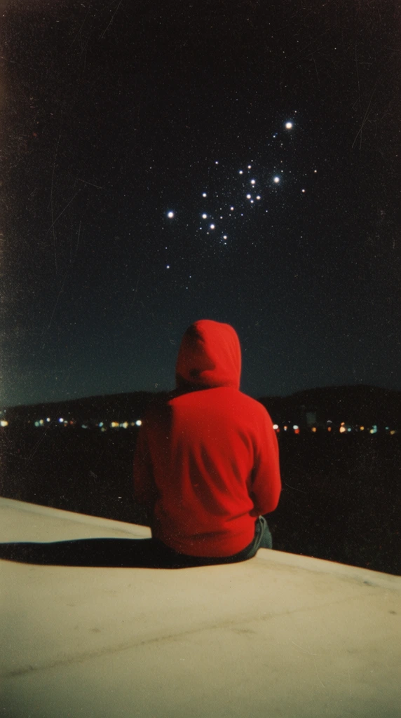 A lone figure in a vibrant red hoodie sits facing away on a smooth, pale concrete ledge, gazing into a starry night sky. The person is positioned in the lower center of the frame with the hood pulled up, the bright red fabric contrasting sharply against the dark surroundings. A stark light from the right casts an elongated dark shadow to the left across the flat surface. Above, the deep black sky features a glowing cluster of bright stars forming a scattered constellation. Along the distant horizon, dark silhouettes of low hills are punctuated by a sparse row of blurred, multicolored city lights. The composition exhibits a strong vintage film aesthetic characterized by heavy grain, high contrast, and visible surface scratches.