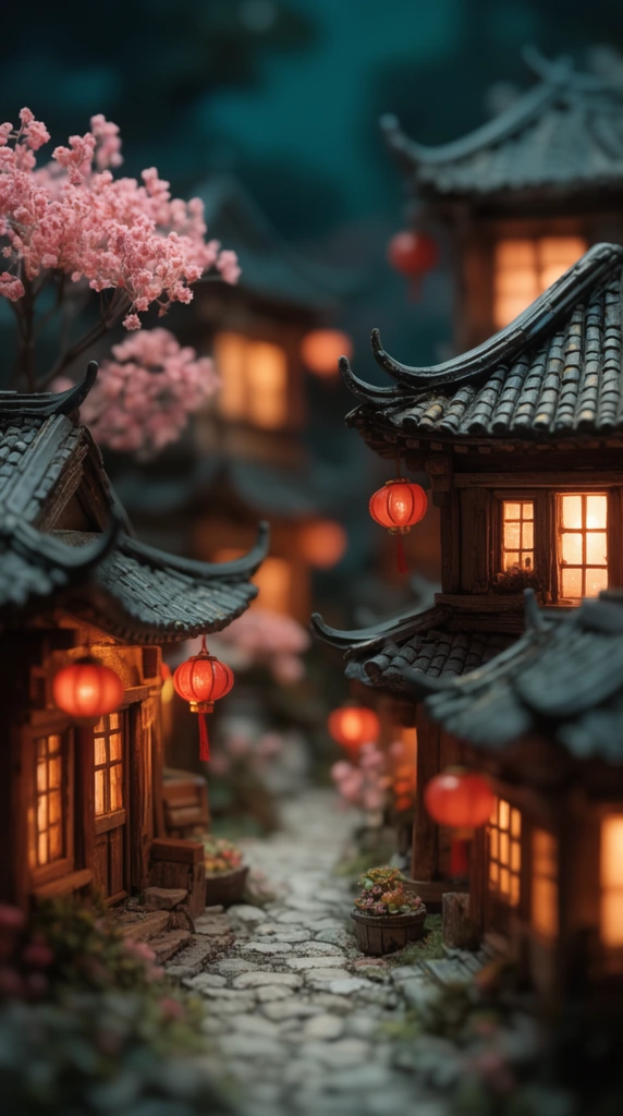miniature Asian village diorama, tilt-shift macro photography, wooden buildings, curved tiled roofs, warm glowing windows, red lanterns, cobblestone path, pink blossoms, dark teal and orange palette, shallow depth of field