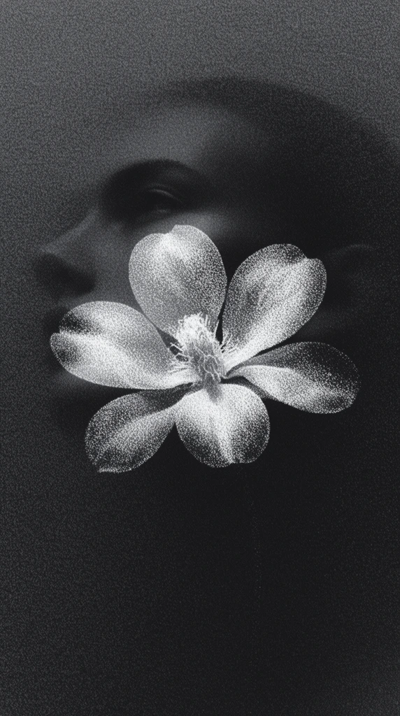 A luminous flower floats before a subtly visible human face hidden within a dark, heavily textured background. The centrally positioned blossom features rounded petals rendered with bright white stippling, contrasting sharply with the surrounding void. Behind the flower, the faint, ghostly silhouette of a face in profile looks left, barely emerging from deep shadows. The monochromatic composition uses heavy film grain and a surreal, double-exposure aesthetic to create an ethereal, moody atmosphere.