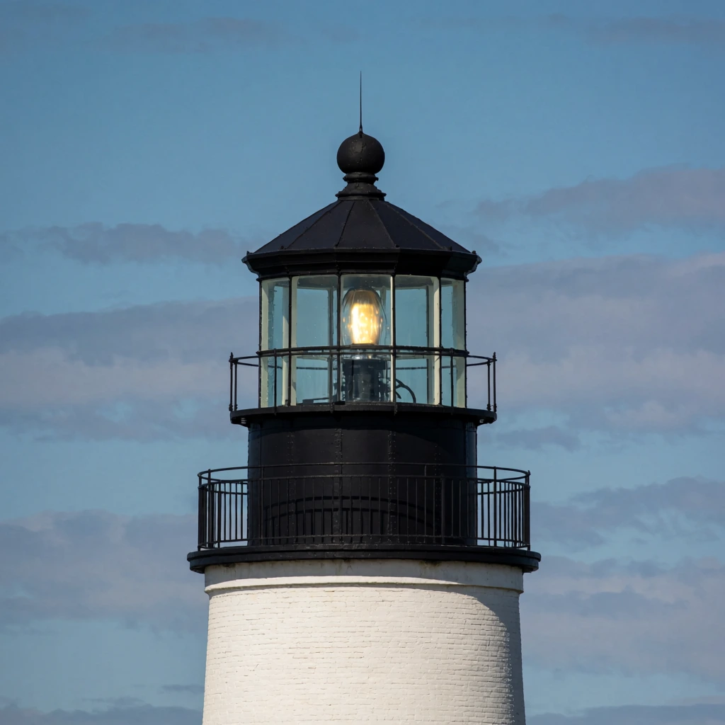 upper section of a classic lighthouse, white brick cylindrical tower, black gallery deck with metal railing, glass lantern room, bright glowing yellow lamp inside, black conical roof topped with a spire finial, clear daytime medium blue sky, thin wispy horizontal clouds, sharp focus, realistic telephoto photography