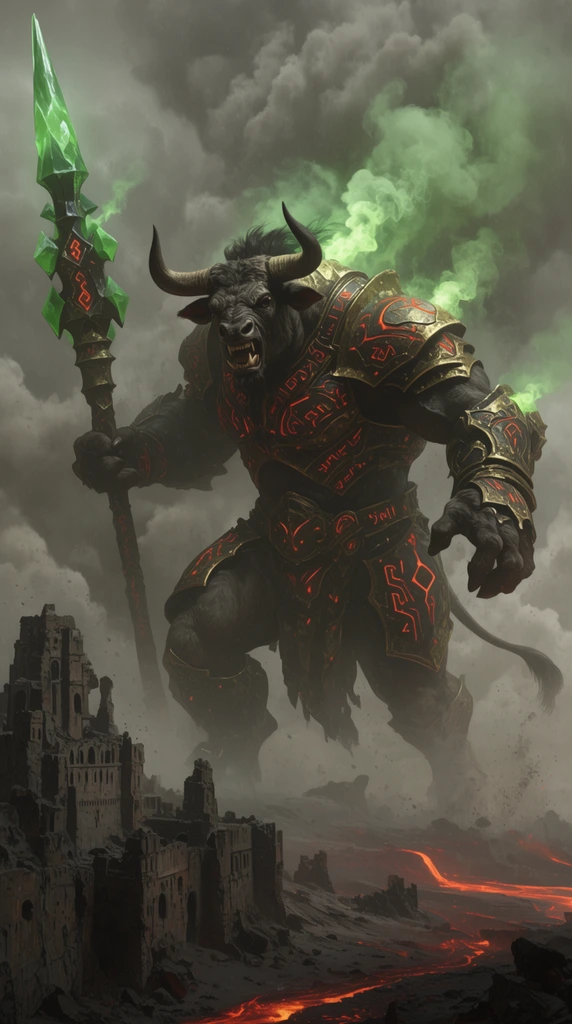 colossal armored minotaur, striding through desolate volcanic wasteland, ruined citadel foreground, holding massive crystal-tipped spear, emitting bright green smoke, dark brass armor with glowing red runes, fierce snarl, heavy ash clouds, cinematic epic fantasy illustration, low angle emphasizing monumental scale, muted grey and neon green palette, dramatic lighting