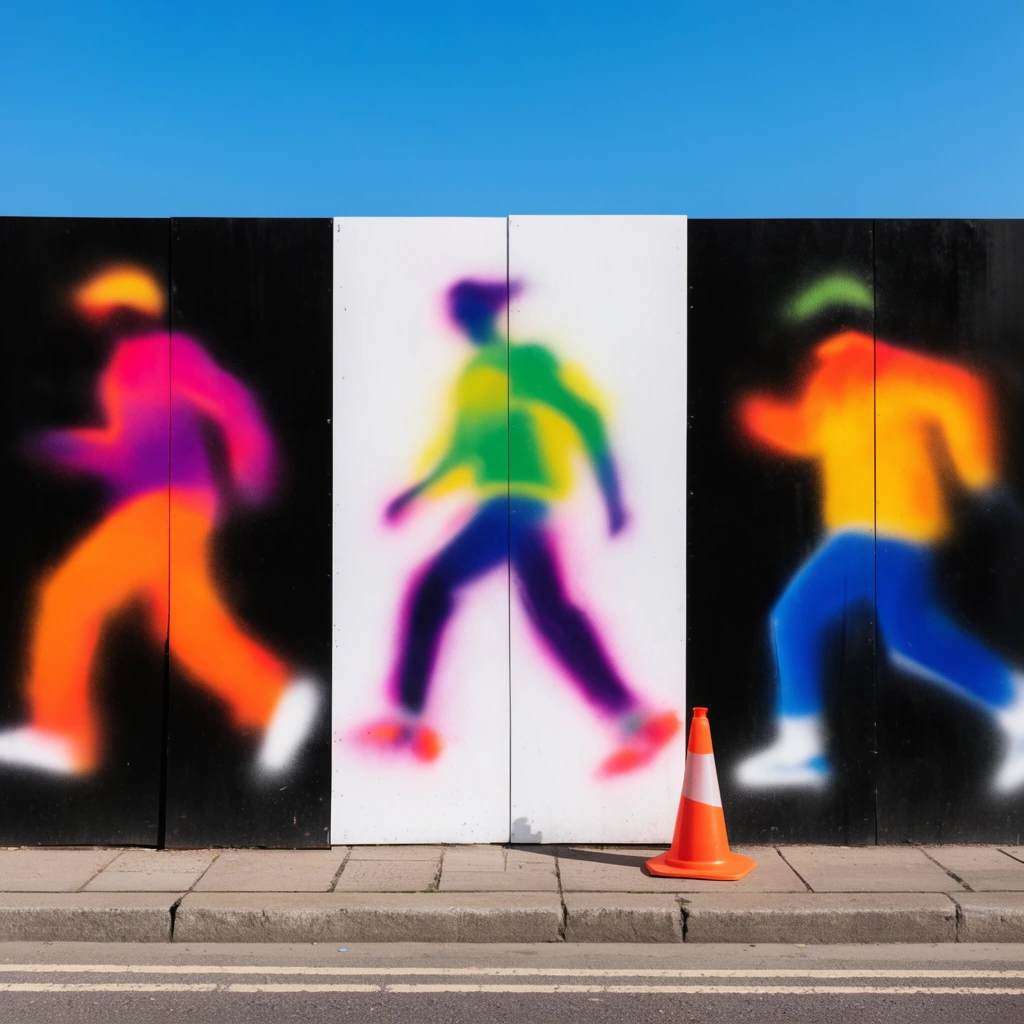 outdoor barricade wall, alternating black and white vertical panels, blurred neon airbrushed silhouettes of dynamic figures, bright sunny street, clear blue sky, single orange traffic cone