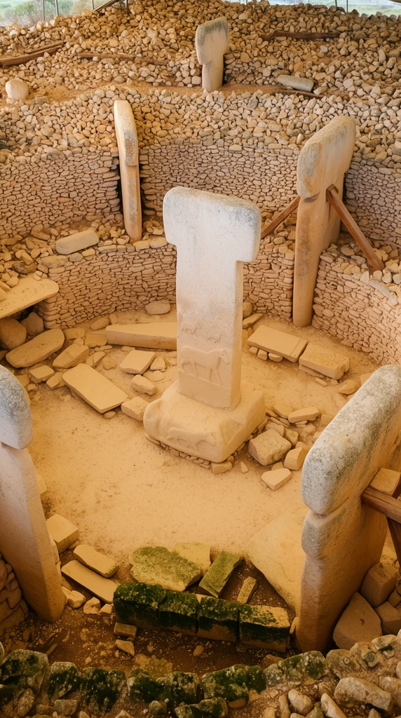 An elevated, high-angle view looks down into an ancient archaeological excavation featuring a circular dry-stone enclosure and massive T-shaped megaliths. A central limestone pillar stands on a carved pedestal, displaying faint low-relief animal carvings. Concentric, roughly stacked rubble walls terrace upward, embedding several other T-shaped pillars, one supported by diagonal wooden beams. The dusty beige floor is scattered with broken stone fragments and rectangular slabs, while lower foreground foundation stones are tinged with dark green moss. Soft, natural daylight casts warm shadows across the earthy palette of tan, ochre, and pale grey rock, contrasting the precise geometry of the monoliths against the chaotic rubble.