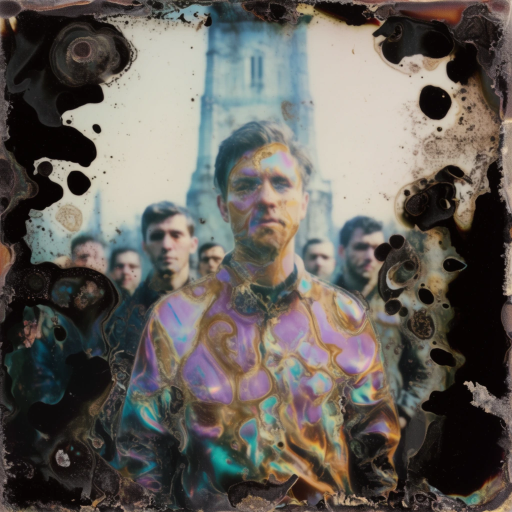 A central man stands in the immediate foreground ahead of a group of men and a tall background tower, depicted through the highly distressed medium of a chemically burned, bubbling Polaroid emulsion transfer. The foreground man's form is heavily overlaid with iridescent, oil-slick pools of translucent purple, shimmering gold, and vivid teal that warp across his figure like melting liquid. Severe chemical degradation consumes the scene, introducing deep black, fluid organic splatters, peeling edges, and circular cellular voids that expose raw, gritty textures. Behind the primary figure, the secondary men and the soaring architecture of the tower dissolve into a muted, pale blue-white hazy atmosphere. The entire composition is framed by thick, melted black borders that bleed inward like scorched film, creating extreme contrast between the luminous chromatic aberrations and the dark, abstract decay of the photographic surface.