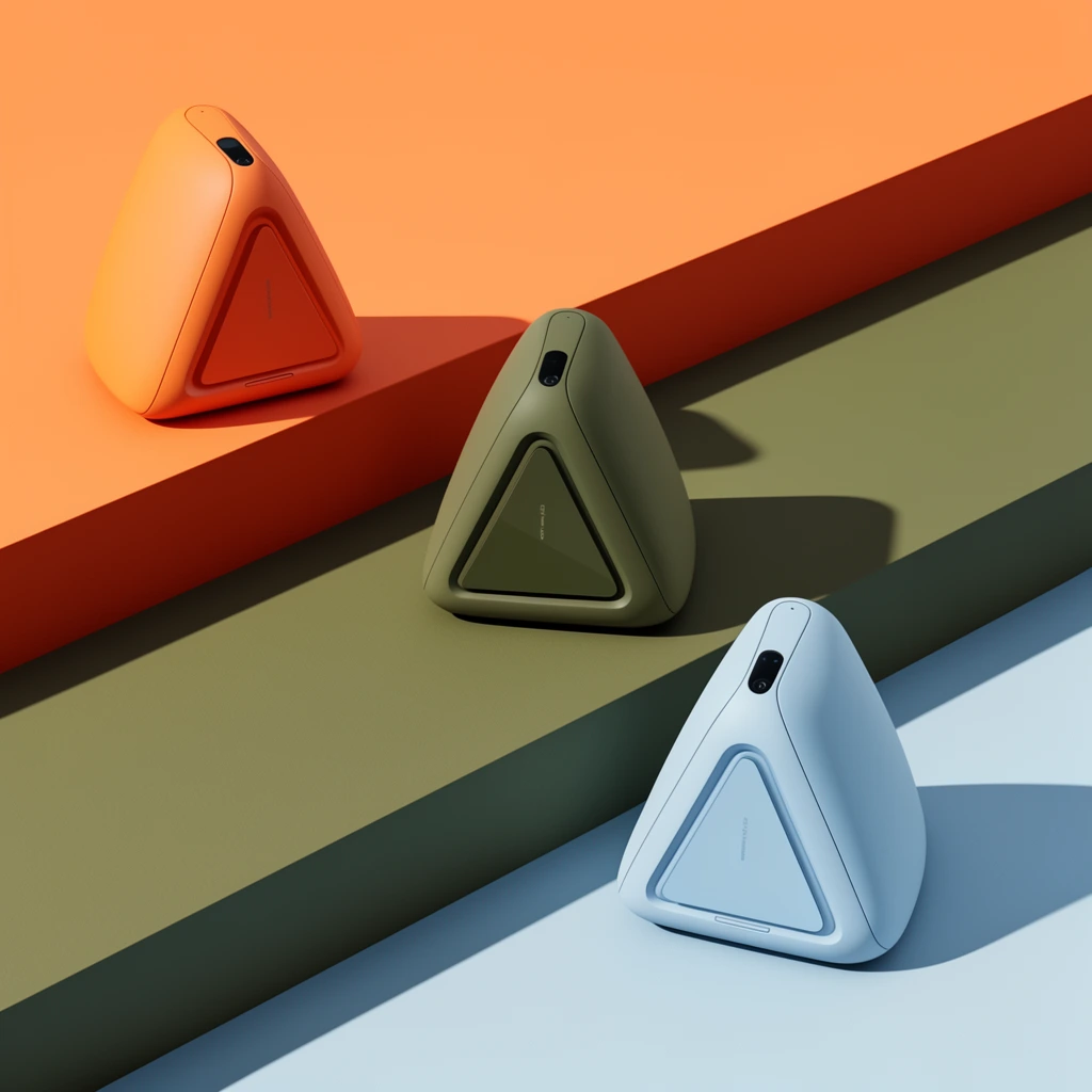 Three matte triangular electronic devices in orange, olive green, and light blue, arranged on matching color-blocked geometric steps, minimalist product photography, sharp diagonal shadows, isometric perspective