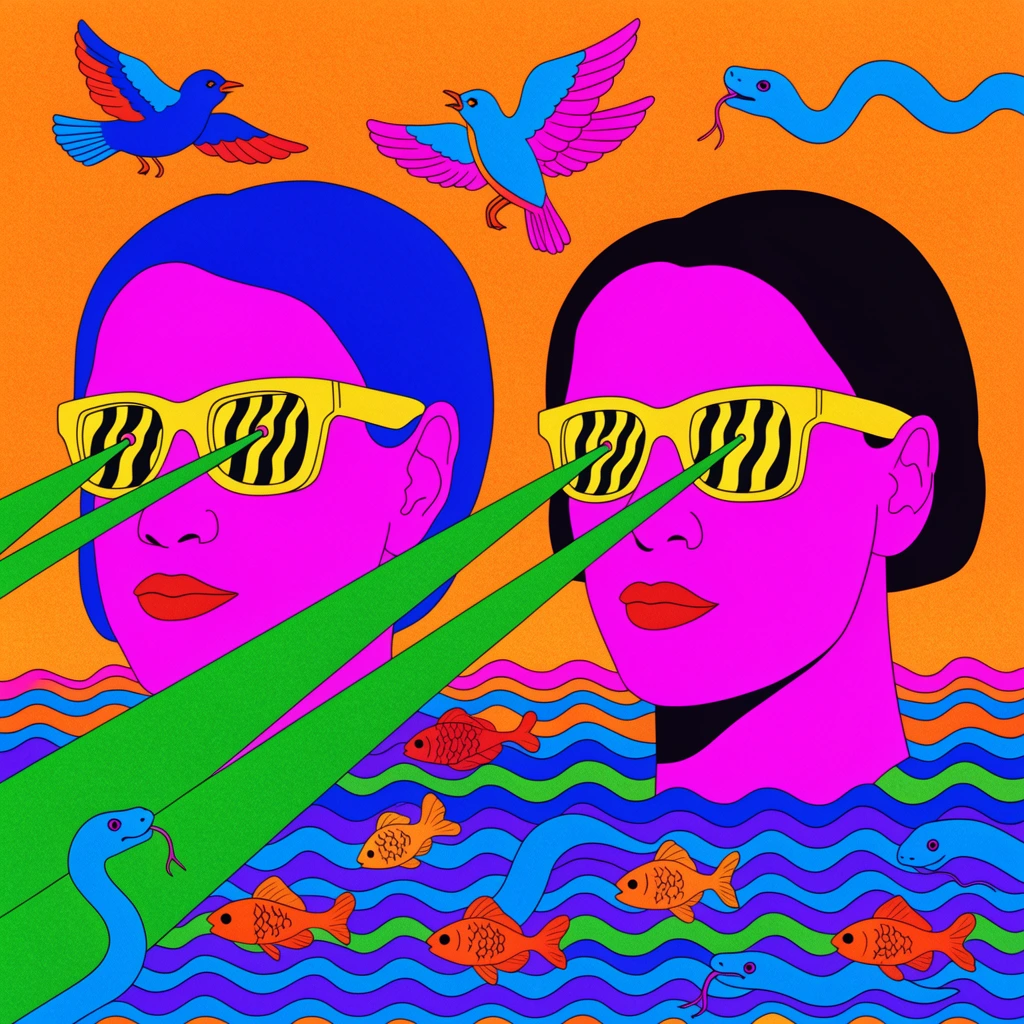 vibrant psychedelic pop art, magenta-skinned faces, yellow sunglasses, green eye laser beams, surreal floating birds, blue snakes, wavy water with fish, bold black outlines, neon colors, stippled texture