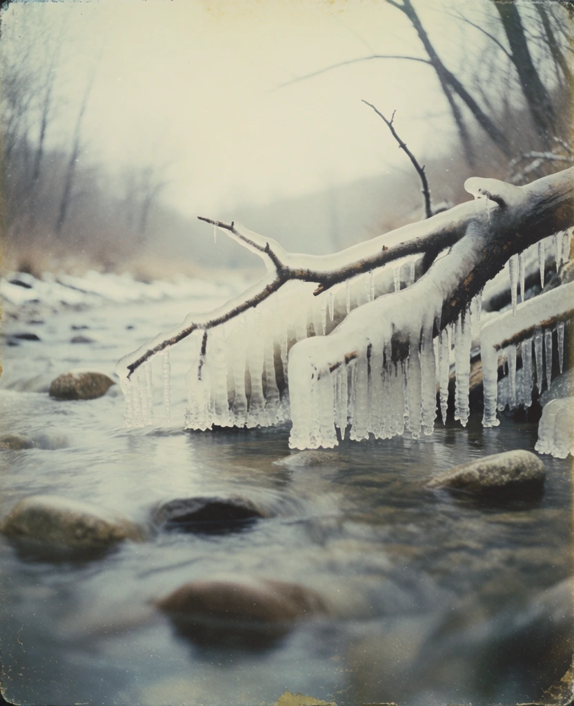 flowing water filling the frame, gnarled fallen tree branches extending from the right, translucent icicles hanging vertically, thick ice coating the wood, smooth river rocks submerged beneath the surface, captured on vintage lo-fi instant film, heavy analog grain, soft focus, muted pastel palette of desaturated greys and creamy whites, diffused overcast lighting, low contrast, melancholic nostalgic mood, slight chromatic aberration, dusty film texture, washed out exposure.