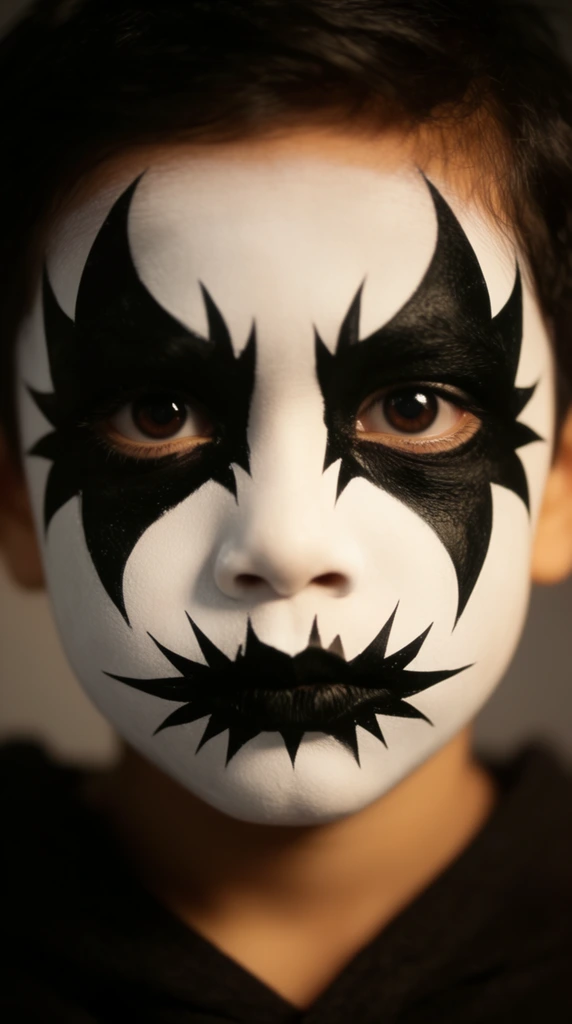 A close-up cinematic portrait of a young child wearing striking black and white theatrical face paint staring directly into the camera lens. The face is completely covered in a smooth, pale white base. Large, aggressive black jagged shapes resembling bat wings or sharp starbursts engulf both eyes, extending outward toward the temples and cheeks. The lips are painted solid black with sharp, spiky extensions radiating outward to create a jagged, monstrous mouth effect. The child's deep brown eyes hold an intense, unwavering gaze. Warm, directional studio lighting highlights the center of the visage, contrasting with the stark monochromatic makeup. Dark hair and softly blurred dark clothing frame the edges of the composition. Shot with a shallow depth of field, the background melts into a smooth, muted greyish-brown gradient, isolating the dramatic facial features.