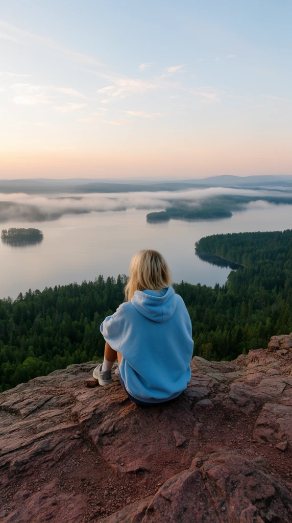 blonde person sitting facing away on a rugged reddish-brown rock ledge, wearing an oversized light blue hoodie and grey sneakers, overlooking a sprawling calm lake, deep green pine forests, forested islands, low-lying white fog resting on the water, distant rolling hills in atmospheric haze, soft pastel sky transitioning from pale blue to peach, thin wispy clouds, wide-angle landscape photography, deep depth of field, early morning sunrise lighting, serene high vantage point