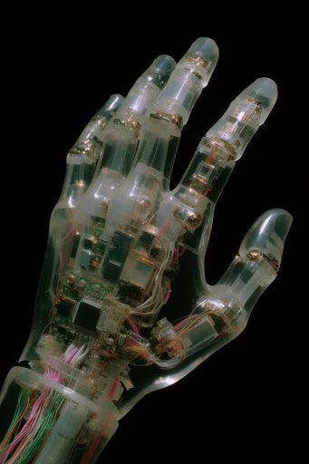 Translucent Cyber-Organic Assemblage style reference image — glossy resin and glass