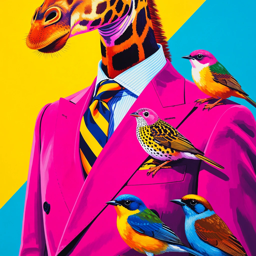 A stylized pop-art portrait of an anthropomorphic giraffe in a vivid magenta double-breasted suit, accompanied by colorful birds against a flat yellow and cyan geometric background. The giraffe features rich orange and black patterned fur, a light blue pinstriped shirt, and a yellow and navy diagonally striped tie. Four intricately detailed small birds perch directly on the bright jacket, including a pink-headed speckled bird on the lapel and vibrant blue, yellow, and brown birds at the bottom. The artwork employs a highly saturated aesthetic, combining crisp outlines and dense painterly shading on the subjects with a hard-edged abstract backdrop.
