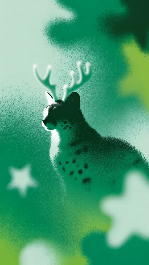 a hybrid animal with the head and body of a serval cat and multi-tined antlers, rendered in a grainy risograph aesthetic with heavy stippling and soft airbrushed gradients, monochromatic palette of deep forest green, lime, and pale mint, dreamlike ethereal composition, abstract blurry star motifs, high-contrast silhouettes, minimalist avant-garde style, organic forms blending into a textured wash of green spray-paint noise, soft focus edges, layered digital grain.