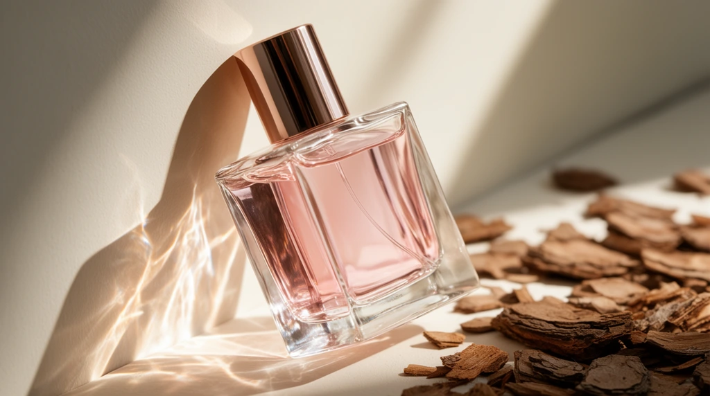 square clear glass perfume bottle containing light pink liquid, cylindrical metallic rose-gold cap, leaning against a smooth off-white wall, dry brown wood bark chips scattered on the off-white surface, strong directional warm sunlight, sharp diagonal shadows, intricate caustic light refractions illuminating the left side, minimalist still life product photography, shallow depth of field, warm neutral color palette