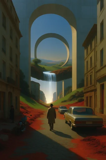 Surreal Pastoral Liminality style reference image — sharp architectural shadows
