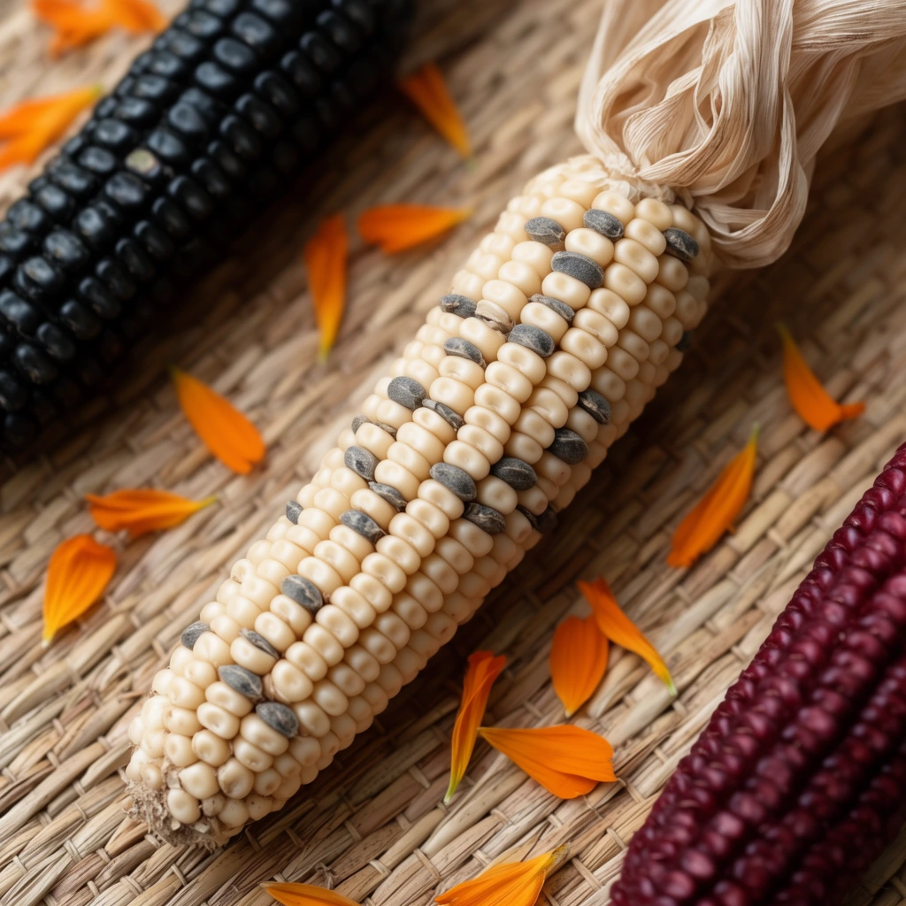A top-down macro photograph of dried ornamental corn resting on a diagonally woven natural reed mat. The sharply focused central cob features plump cream-colored kernels interspersed with scattered dark grey seeds, crowned by a twisted tuft of papery husk. Vivid orange flower petals are scattered loosely across the textured tan background. A softly blurred cob with glossy black kernels lies in the upper left, while a deep burgundy ear frames the lower right. The shallow depth of field isolates tactile organic textures, bathed in soft, warm natural lighting.