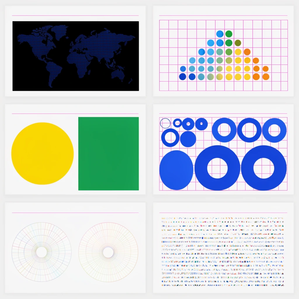 grid of minimalist design system layout pages, clean white backgrounds, strict grid-based compositions, dark blue dotted world map on a black rectangle, bright pink structural layout grids, descending triangular arrangement of colorful circular dots transitioning from blue to orange, solid blue circular rings of varying scales, flat composition featuring a bright yellow circle and a vibrant green rectangle, delicate circular polar charts, dense rows of tiny abstract geometric textures, modernist Swiss graphic design style, precise alignment, flat vector aesthetic, ample negative space