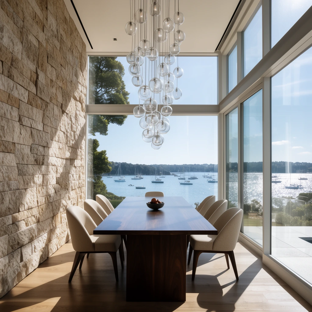 modern dining room, long dark wood table, beige chairs, cascading glass globe pendant light, textured stone wall, floor-to-ceiling windows framing a sunlit bay with sailboats, bright natural light, architectural interior photography