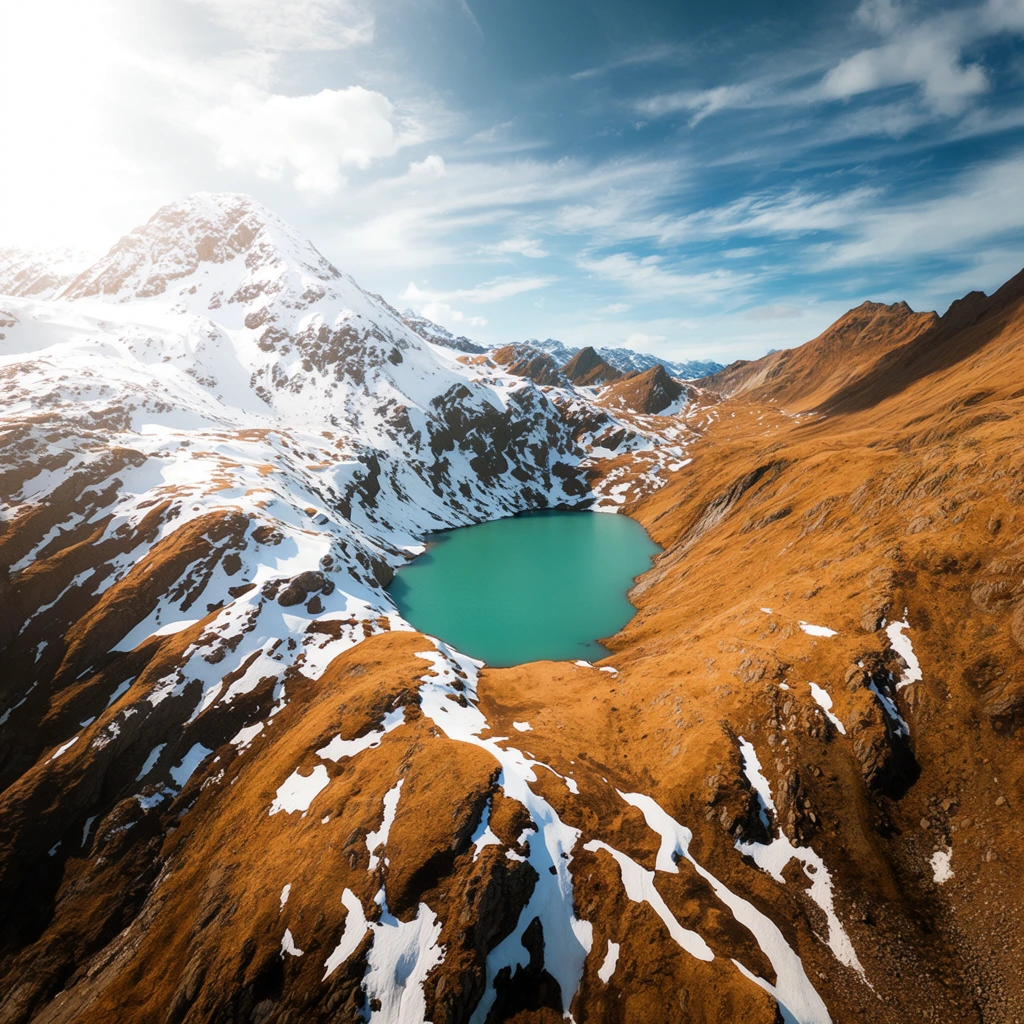 A vibrant turquoise alpine lake rests in a rugged mountain valley, surrounded by steep golden-brown slopes interspersed with jagged patches of bright white snow. Captured from an elevated aerial perspective, the landscape showcases a stark contrast between the warm russet terrain, the smooth teal water, and melting snow drifts clinging to the rocky ridges. A prominent snow-blanketed peak rises on the left, catching brilliant sunlight that casts deep shadows into the ravines below. Bright sunlight glares from the upper left under a sweeping blue sky streaked with scattered white clouds, emphasizing the vast scale and crisp textures of this remote high-altitude environment.
