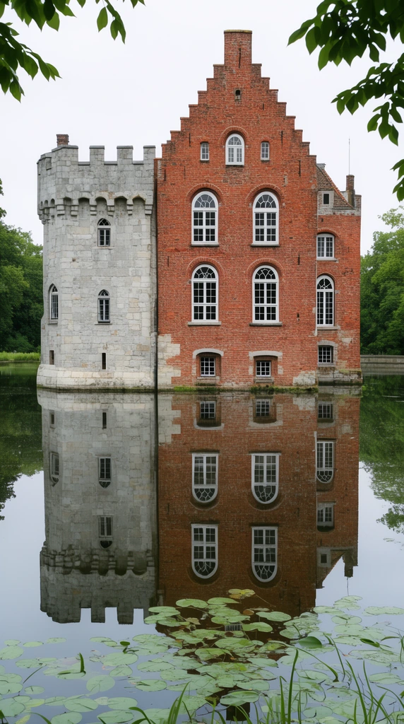 A historic castle with contrasting red brick and light gray stone sections rises directly from a still moat, creating a striking mirror reflection on the water. The left side features a crenellated gray stone tower, while the central brick facade displays a stepped gable roof and white-framed arched windows. Green lily pads float in the foreground water, and lush foliage frames the scene against a flat, overcast sky. The symmetrical architectural composition is captured in natural diffused daylight.