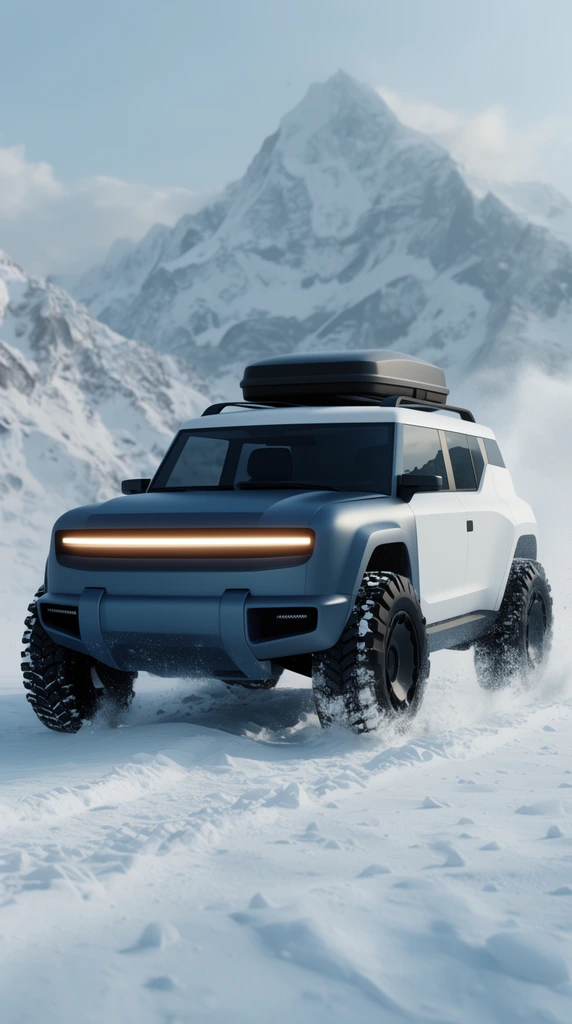 boxy futuristic off-road SUV, matte blue-gray and white two-tone exterior, glowing horizontal LED light bar, large rugged tires, roof cargo box, kicking up snow, snowy mountain landscape, automotive concept art rendering