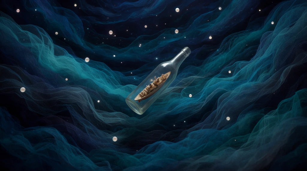 A single glass bottle floats diagonally at the center of a vast cosmic expanse, containing a meticulously crafted miniature ship rendered in warm, earthy beige and brown tones. The surrounding dark space environment is constructed entirely from endless, undulating layers of sheer, deeply textured tulle fabric in rich, monochromatic shades of dark cyan, deep teal, and midnight blue. The diaphanous mesh material gathers into dense, billowing ridges and sweeping valleys, creating a volumetric, tactile representation of cosmic waves and interstellar nebulae. Small, luminous, softly glowing white spherical orbs representing stars are scattered across the composition, suspended above and nestled within the delicate folds of the fabric. Soft, diffused, moody directional lighting illuminates the ethereal ridges of the sheer material and reflects subtly off the smooth, transparent surface of the diagonal bottle, establishing a surreal, macro-photography diorama aesthetic with a centralized focus and an immense sense of scale.
