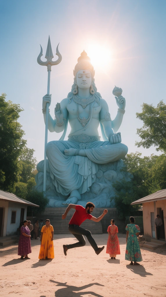 A colossal pale blue statue of a seated multi-armed deity holding a trident dominates a sunlit courtyard, the sun glowing directly behind its head. In the foreground, a man in a red shirt leaps dynamically mid-air near women in vibrant dresses, framed by green trees and small buildings in a wide cinematic daylight shot.