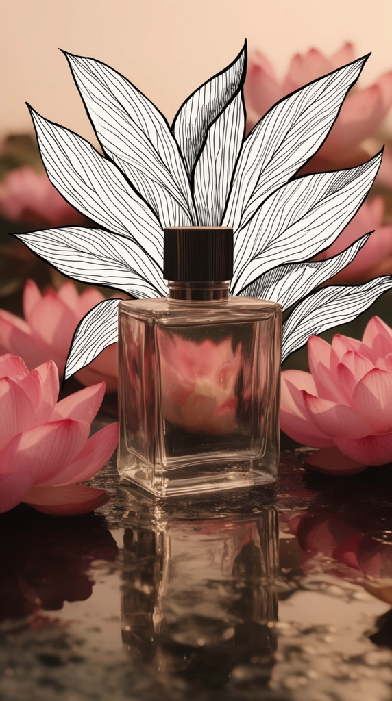 A square glass bottle with a dark ridged cap rests on a glossy dark surface amidst blooming pink lotus flowers. A stark 2D black-and-white line drawing of radiating leaves emerges from behind the bottle, creating a sharp mixed-media contrast. Warm sepia-toned lighting casts crisp reflections of the glass and petals on the wet ground against a softly blurred floral background.