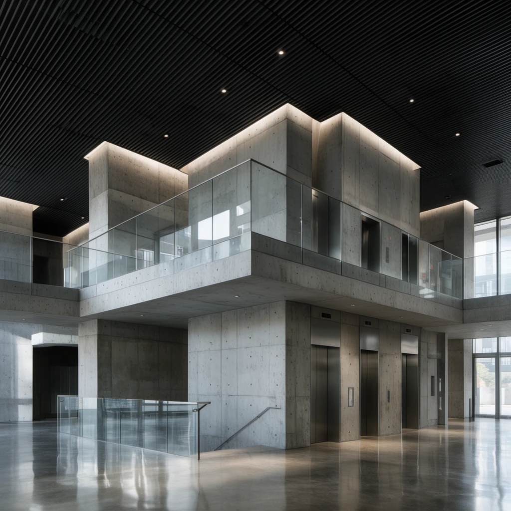 modern brutalist architectural interior, multi-level concrete lobby, glass balustrades, polished floors reflecting light, dark slatted drop ceiling, recessed illumination, elevator bank, geometric structuralism, stark contrast, wide-angle photography