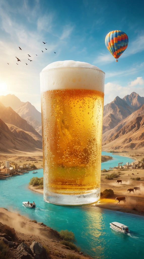 A monumental, condensation-covered glass of golden, effervescent liquid with a thick white foam head stands as a towering monolith in a vast, arid mountain valley. The hyper-realistic landscape features rugged tan mountains and a winding, vibrant turquoise river. Tiny elements emphasize the surreal scale, including small white boats navigating the water, distant animals kicking up dust on the plains, and miniature structures clustered along the riverbanks. High in the bright blue sky dotted with wispy clouds, a vibrant striped hot air balloon drifts near a flock of silhouetted birds. A warm sun flare from the left illuminates the bubbling amber liquid, enhancing the rich earth tones and striking vivid blues of this cinematic, high-contrast composite.