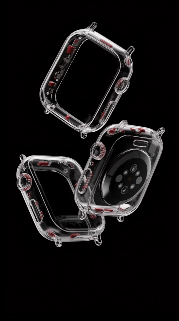 Three transparent, rounded-rectangular smartwatch casings with protruding strap lugs float against a solid black background. The sleek, glass-like shells reveal tiny red internal components and a dark circular sensor array on one underside, highlighted by high-contrast studio lighting in a glossy 3D render.