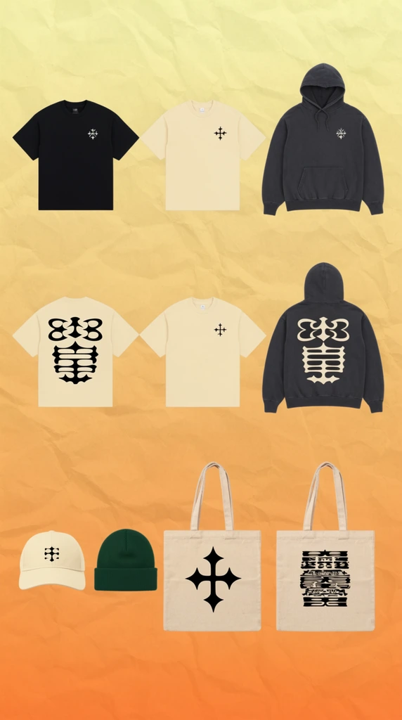 A stylized flat lay of streetwear apparel arranged in a precise grid against a crumpled, paper-like backdrop transitioning from pale yellow to warm orange. The top row presents a black t-shirt, a cream t-shirt, and a charcoal hoodie, each bearing a minimal graphic emblem on the left chest. The middle row displays the reverse sides of identical garments, featuring large, bold, contrasting graphic motifs spanning the entire back panels. The bottom row completes the collection with a cream baseball cap, a dark forest green beanie, and two natural canvas tote bags. The tote bags feature stark black central graphics, one incorporating a prominent cross shape and the other displaying dense, stacked horizontal design elements.