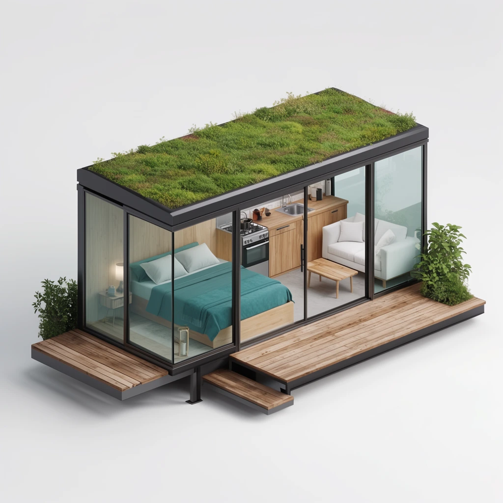 isometric architectural cutaway of a modern tiny home, green living roof, glass walls, interior with teal bed, compact kitchenette, white sofa, wooden decks, 3D rendering, white background