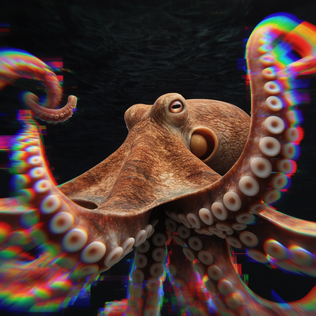 brown octopus in center frame, textured skin with prominent eye, thick tentacles with large white suckers spreading outward, dark background with subtle ripples, intense chromatic aberration, digital glitch artifacts, radial zoom blur, 3D render style