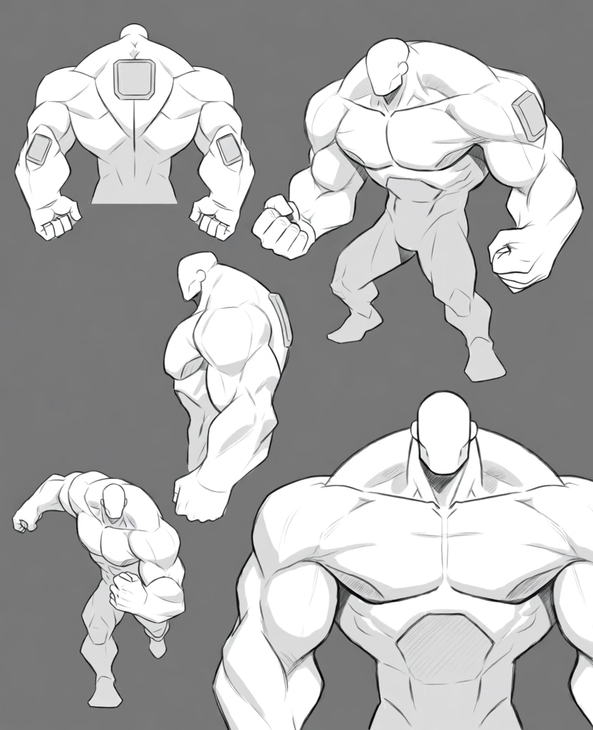 Several greyscale digital character design sketches of a highly muscular, stylized male figure are shown from multiple angles against a solid grey background. The figure possesses exaggerated proportions, characterized by a massive upper body, extremely broad shoulders, and a relatively small, featureless oval head tucked low between large trapezius muscles. In the top left, a back view highlights wide latissimus dorsi muscles and a rectangular technological panel positioned between the shoulder blades, with similar smaller panels on the upper arms. To its right, a three-quarter front view shows the character in a dynamic stance with large, clenched fists and a massive, segmented chest. Below these, a profile view captures a hunched posture and the thick depth of the torso. On the bottom left, a smaller full-body action pose depicts the character lunging forward with one arm extended. The largest sketch, located in the bottom right, provides a close-up frontal view of the torso, emphasizing bulging pectoral muscles and a defined abdominal section. The drawings are rendered with clean black line art and simple grey cell shading, utilizing subtle cross-hatching to indicate recessed areas and shadows. The composition follows a standard character concept sheet layout, focusing purely on the anatomical form and silhouette of the subject from various orientations.