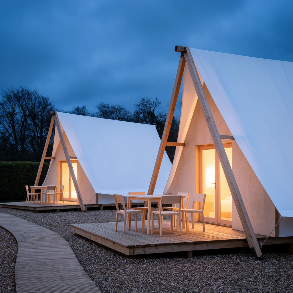 Two modern A-frame glamping tents with glowing warm interiors stand beneath a deep blue twilight sky. Each structure features a crisp white canvas roof stretched tightly over a light-toned wooden frame, peaking in a sharp triangular silhouette. The pale plywood front facades have large glass doors radiating a soft orange light. Elevated slatted decks extend from the entrances, each furnished with a minimalist light wood dining table and four chairs. A curved wooden walkway winds through the coarse gravel foreground. Dark silhouettes of bare trees and hedges border the background against the cool overcast blue hour atmosphere, emphasizing the stark architectural contrast between the cool ambient exterior and warm interior illumination.