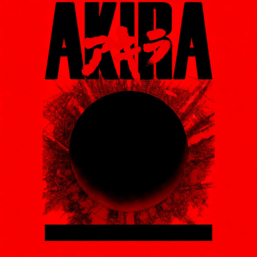 This vertical movie poster for Akira features a stark, high-contrast red and black color palette, dominated by a massive black sphere rising from a devastated cityscape. At the top, the title "AKIRA" is printed in enormous, bold black block letters, with the Japanese katakana "アキラ" layered over the center in a distressed red font. Below the title, a vast expanse of ruined buildings and rubble, rendered in intricate black lines against a red ground, leads toward a solid black dome. Above the dome, the sky is filled with a dark, swirling circular vortex. A thick horizontal black line separates the top illustration from a lower section filled with technical details and credits. In the middle of this lower section, a horizontal pill-shaped frame contains a small, detailed view of a futuristic city skyline with illuminated windows at night. To the right of this frame is a circular logo of a red and white capsule pill surrounded by the text "GOOD FOR HEALTH BAD FOR EDUCATION" and vertical Japanese characters. Below this is a square icon containing a stylized, jagged-toothed emblem. The poster includes various text in a bold, black sans-serif font, such as "BASED ON THE GRAPHIC NOVEL BY KATSUHIRO OTOMO," "31 YEARS AFTER WORLD WAR III AD 2019 NEO TOKYO," and at the very bottom, "NEO TOKYO IS ABOUT TO EXPLODE." Small-scale text credits the producers, screenplay writers, and soundtrack composer. The overall artistic style is gritty and graphic, utilizing halftone patterns and heavy ink-like shadows to create a sense of apocalyptic destruction.