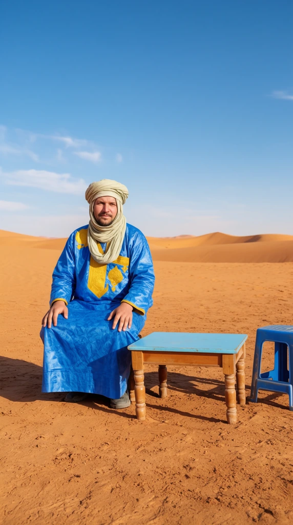 A man sits on the sand in a vast desert landscape under a clear blue sky with a few wispy clouds. He wears a bright blue robe with yellow accents around the neckline and a light-colored turban that wraps around his head and neck. His hands rest on his knees. To his right, there is a small, low wooden table with a light blue top and four carved legs. Further to the right sits a blue plastic stool. The ground is dry, orange-brown sand, with rolling sand dunes extending into the background. The lighting is bright and sunny, casting distinct shadows to the right of the man and the furniture.