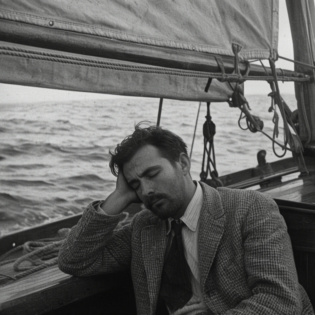 sleeping man on a wooden sailboat deck, vintage black and white film still, wearing a patterned tweed jacket, resting head on hand, heavy canvas sail and taut rigging ropes overhead, rippling ocean water background, heavy film grain, cinematic medium shot, natural lighting