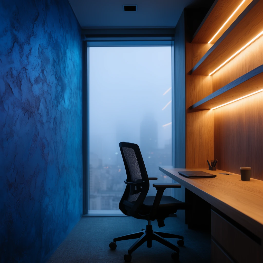 narrow modern office at twilight, cool blue textured wall, warm glowing LED wood shelves, black ergonomic mesh chair, large window, foggy cityscape, contrasting light