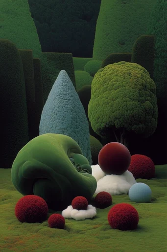 Surrealist Topiary Labyrinths style reference image — manicured geometric hedges