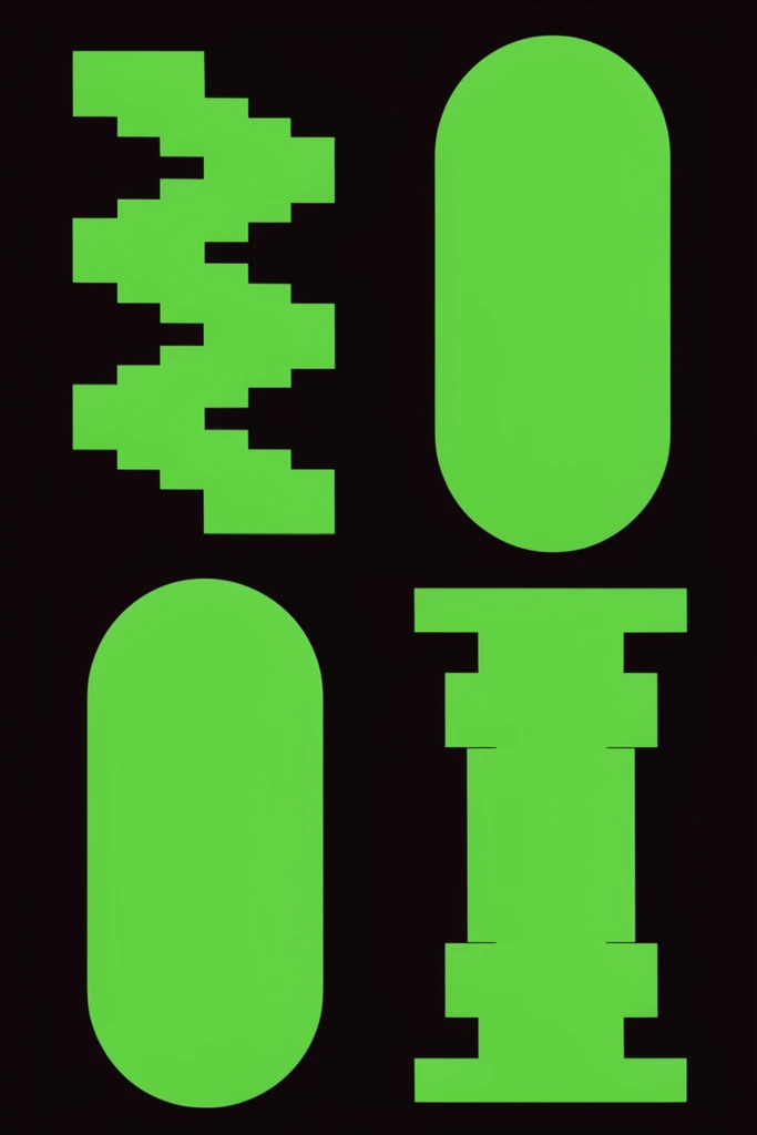 neon green geometric shapes in 2x2 grid on solid black, angular zig-zag, staggered pixelated blocks, rounded pillars, stepped columns, flat vector art, minimalist