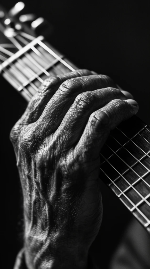 weathered veiny hand gripping an acoustic guitar fretboard, intense skin texture and prominent veins catching bright highlights, diagonal metal guitar strings, fret wires, soft blurred tuning pegs in upper left, high-contrast black and white photography, dramatic chiaroscuro lighting, solid deep black background, sharp macro focus on knuckles, shallow depth of field, gritty intimate monochrome composition