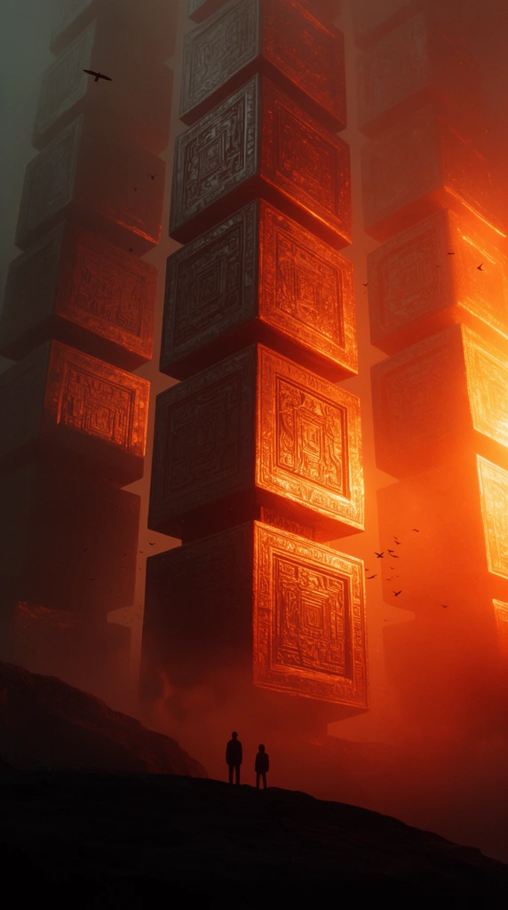Two tiny silhouetted figures stand on a dark rocky ledge facing colossal towering monoliths of deeply engraved metallic cubes. Intense fiery orange light bathes the stacked geometric structures from the right against hazy atmospheric fog. Tiny birds circle the glowing pillars, emphasizing the monumental cinematic scale.