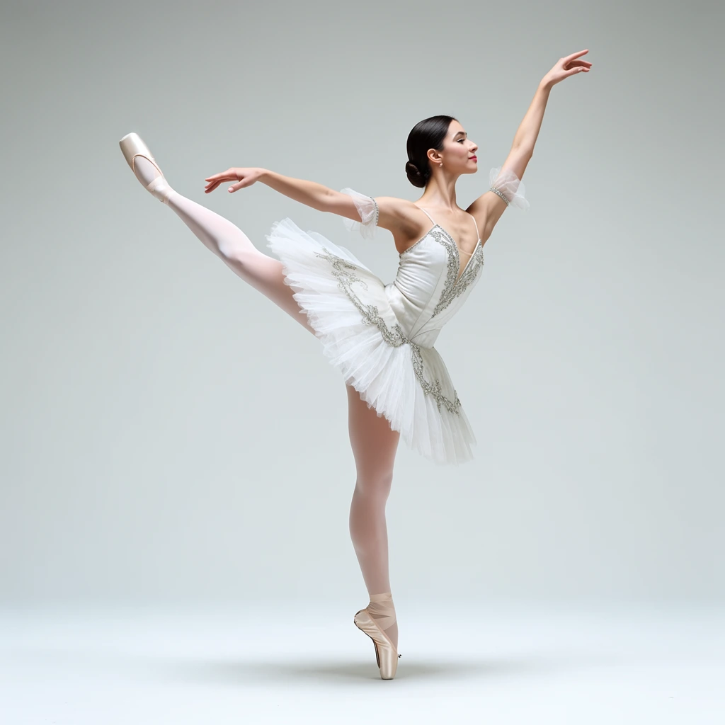 female ballet dancer balancing en pointe in a high arabesque, classic white tutu with silver-beaded bodice and layered tulle skirt, left leg extended high backward, right arm swept elegantly overhead, dark hair in a neat low bun, pale pink tights, satin pointe shoes, serene profile, seamless light grey studio backdrop, soft high-key lighting, minimalist composition, pristine full body isolation, crisp photographic focus