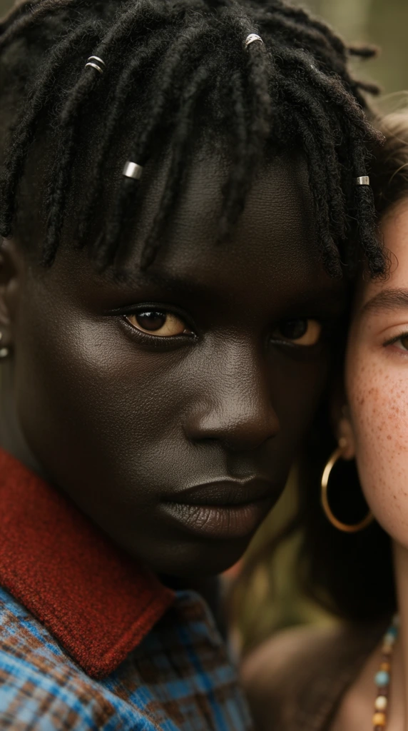 A tight close-up portrait of a dark-skinned individual with an intense, direct gaze. The main subject features highly detailed skin texture and short black dreadlocks accented with small silver hair rings. They wear a garment featuring a textured rust-red collar over a blue and brown plaid pattern. Cropped tightly along the right edge is a partially visible secondary subject with lighter, freckled skin, wearing a large gold hoop earring and a small beaded necklace. The composition uses a very shallow depth of field, focusing sharply on the primary subject's deep brown eyes while blurring the background into soft, earthy greens and browns. Soft, natural lighting creates gentle highlights on the facial contours, achieving a cinematic, editorial fashion photography aesthetic.